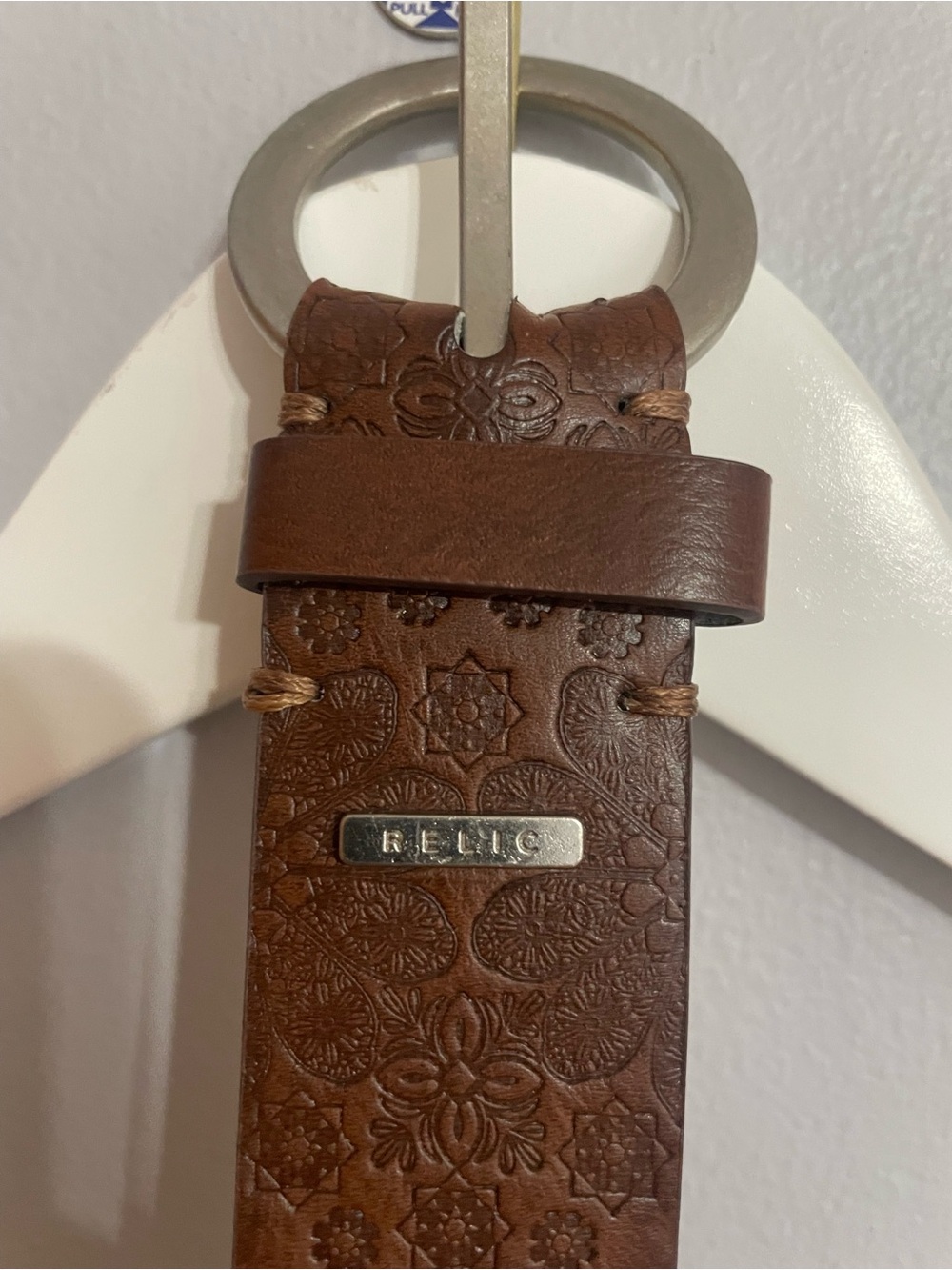 Relic Dark Brown Embossed Leather Belt with silver buckle